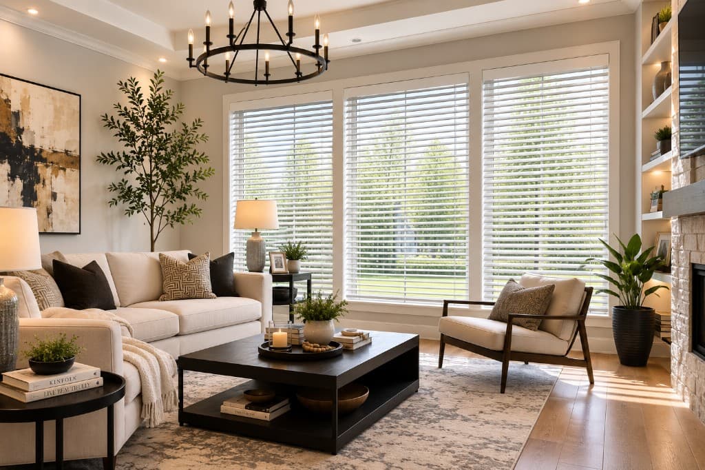 Three living-room windows in off-white 2-inch faux wood blinds